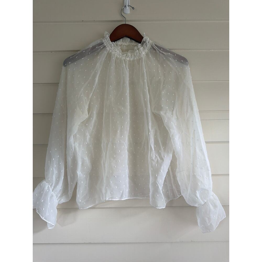 Cream Swiss Dot Ruffle Poet Sleeve Blouse Sheer Floaty Victorian Medium